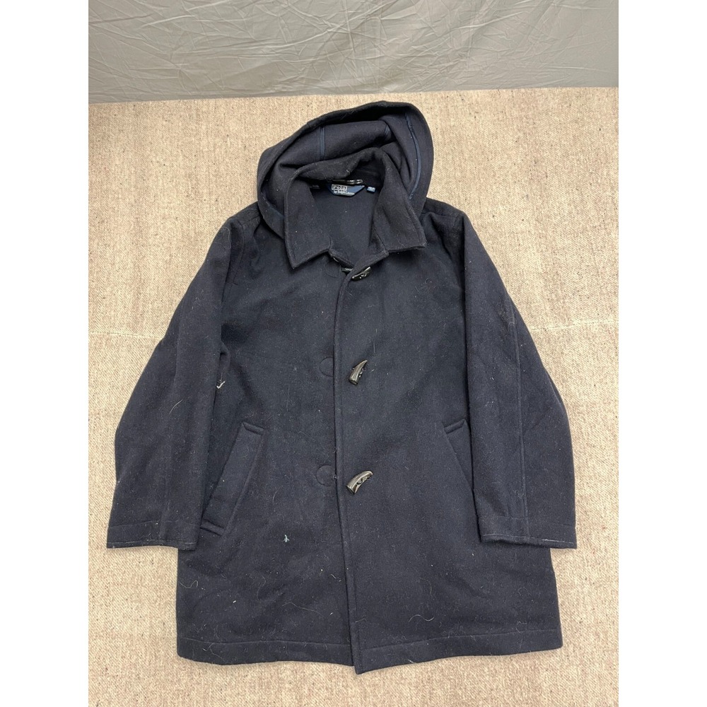 Vintage Polo Ralph Lauren Wool Hooded Jacket Mens XL Black 1990s‎ Pea Coat